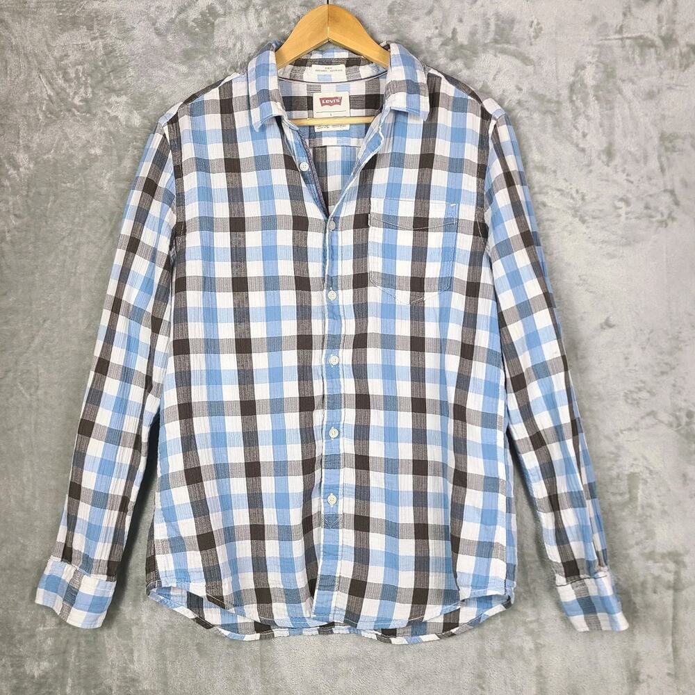 Levis Long Sleeve Button Up Slim Fit Mens L Crinkle Western Casual Blue Plaid